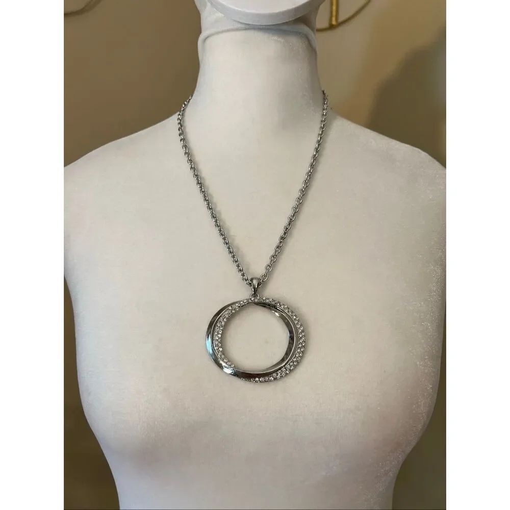 New! Silver Tone Interlocking Circle Pendant w Pave Rhinestones